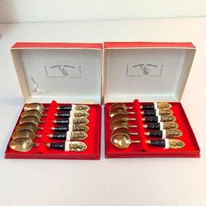 Vintage Thailand Bronze Hors D'oeuvre,Two 6Piece Spoon Set with Buddha Engraving